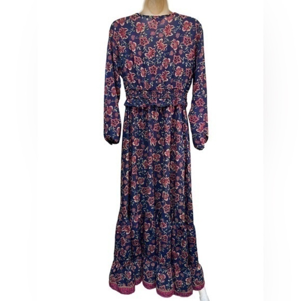 Anthropologie Boemo Maxi Dress Ruffle Navy Blue Red Tiered Long Sleeve PETITE - Picture 7 of 7